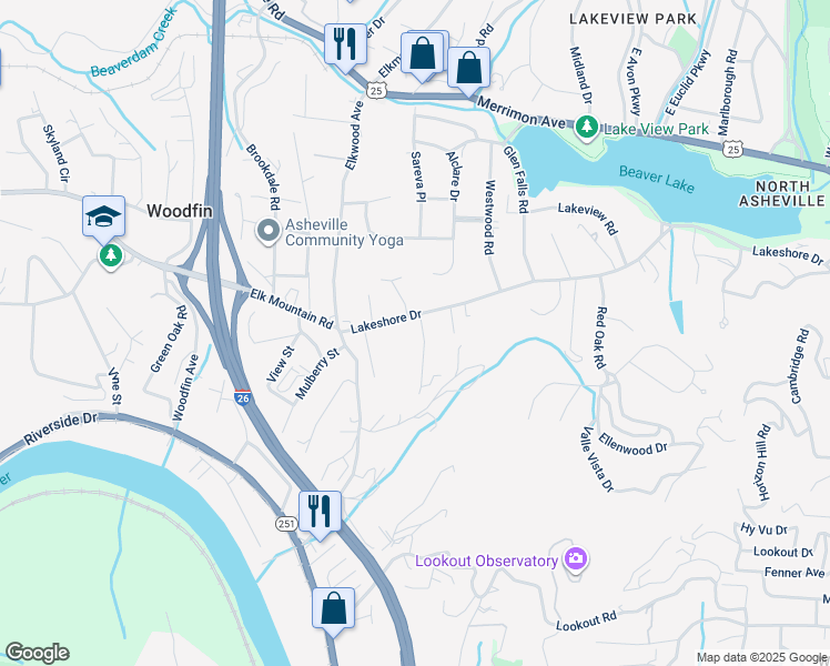 map of restaurants, bars, coffee shops, grocery stores, and more near 660 Lakeshore Drive in Asheville