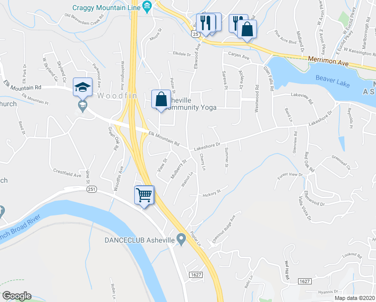 map of restaurants, bars, coffee shops, grocery stores, and more near 6 Elk Mountain Road in Woodfin