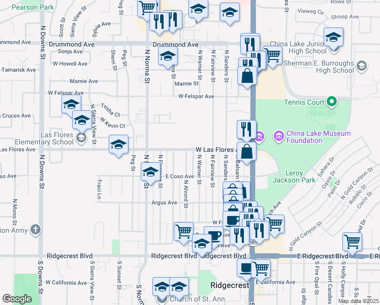 map of restaurants, bars, coffee shops, grocery stores, and more near 436 North Alvord Street in Ridgecrest
