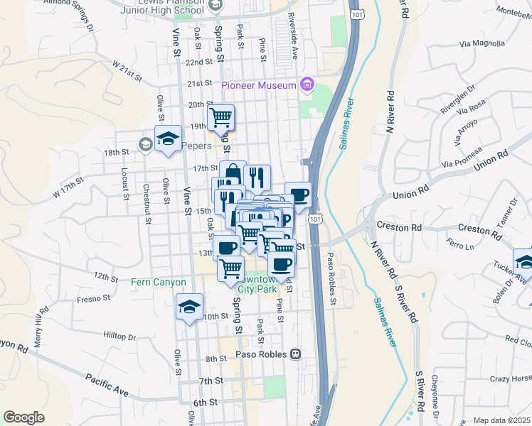 map of restaurants, bars, coffee shops, grocery stores, and more near 1439 Pine Street in Paso Robles
