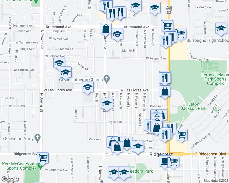 map of restaurants, bars, coffee shops, grocery stores, and more near 436 North Florence Street in Ridgecrest