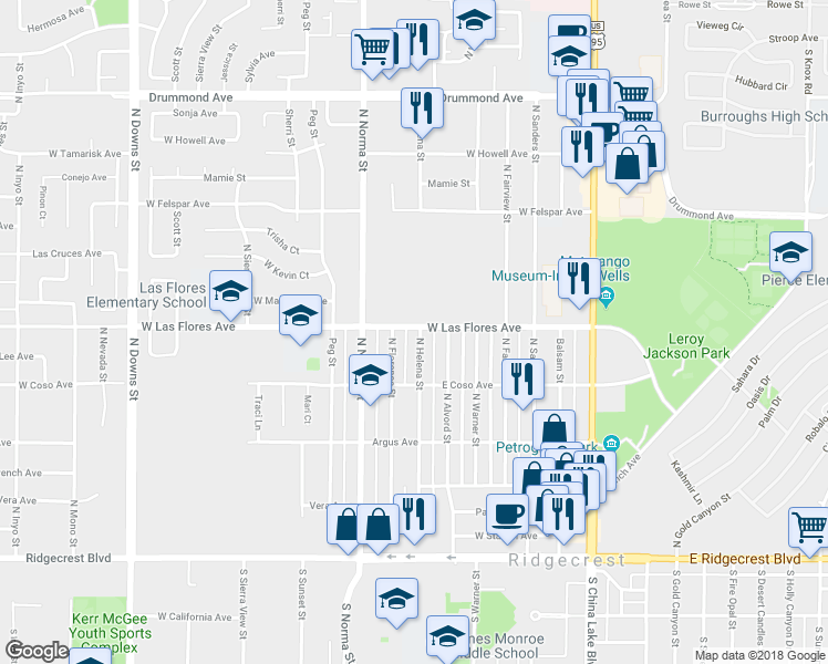 map of restaurants, bars, coffee shops, grocery stores, and more near 437 North Helena Street in Ridgecrest
