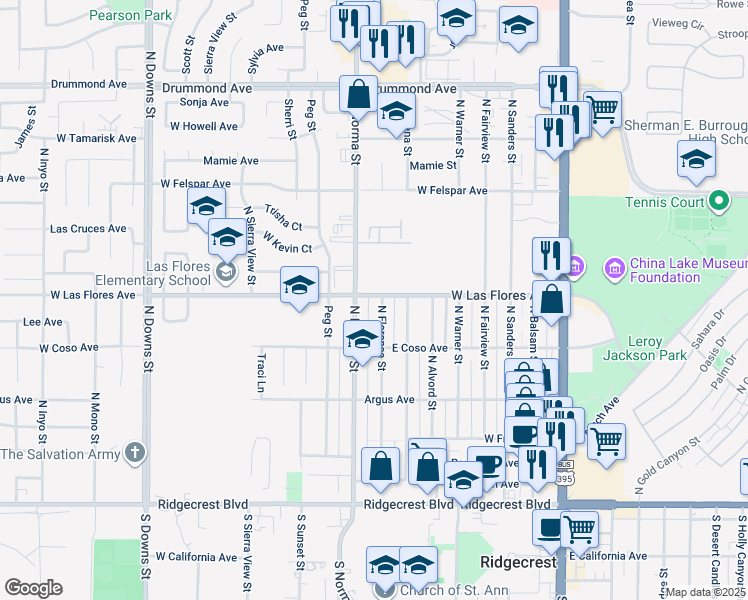 map of restaurants, bars, coffee shops, grocery stores, and more near 407 West Las Flores Avenue in Ridgecrest