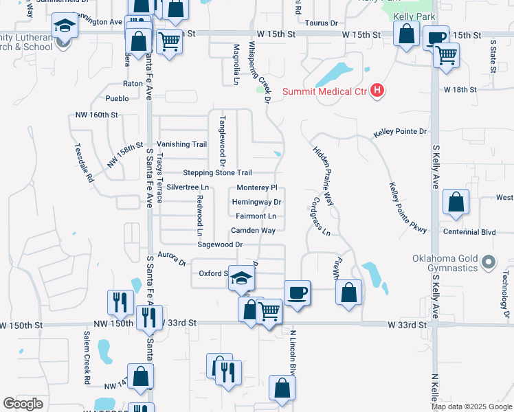 map of restaurants, bars, coffee shops, grocery stores, and more near 1800 Hemingway Drive in Edmond