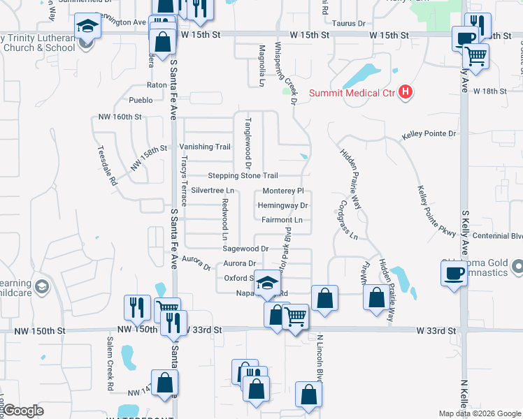 map of restaurants, bars, coffee shops, grocery stores, and more near 2601 Prescott Avenue in Edmond