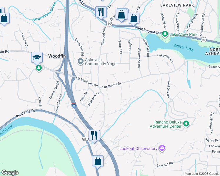 map of restaurants, bars, coffee shops, grocery stores, and more near 664 Lakeshore Drive in Asheville