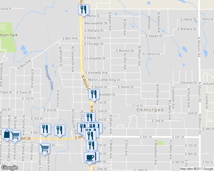 map of restaurants, bars, coffee shops, grocery stores, and more near 1115 East Smith Street in Okmulgee