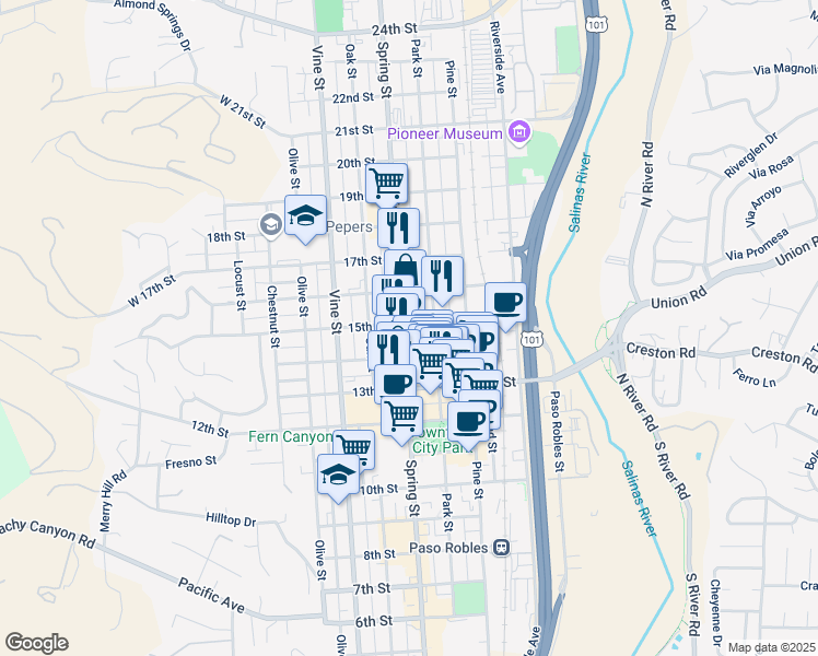 map of restaurants, bars, coffee shops, grocery stores, and more near 1422 Spring Street in Paso Robles