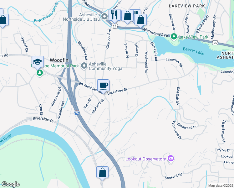 map of restaurants, bars, coffee shops, grocery stores, and more near 662 Lakeshore Drive in Asheville