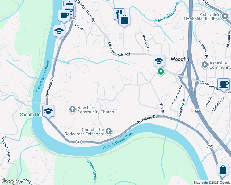 map of restaurants, bars, coffee shops, grocery stores, and more near 20 City View Drive in Asheville