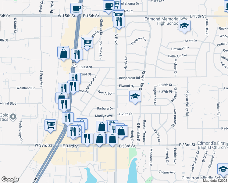 map of restaurants, bars, coffee shops, grocery stores, and more near 137 Ann Arbor in Edmond
