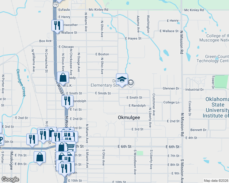 map of restaurants, bars, coffee shops, grocery stores, and more near 1319 East Smith Street in Okmulgee