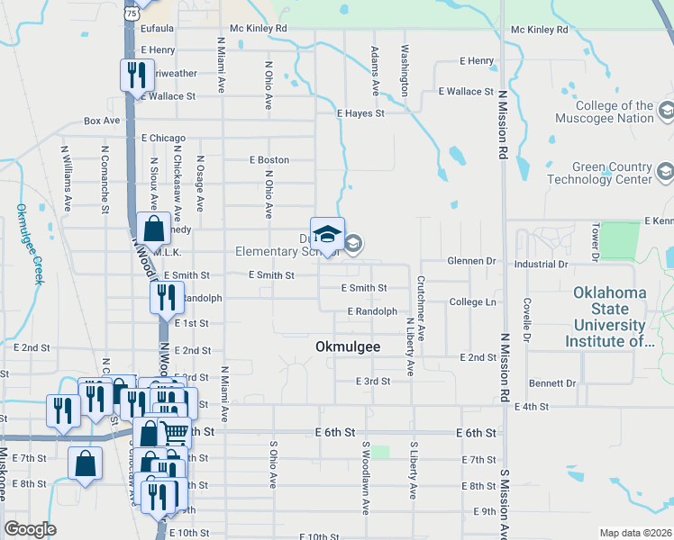 map of restaurants, bars, coffee shops, grocery stores, and more near 1412 Martin Luther King in Okmulgee