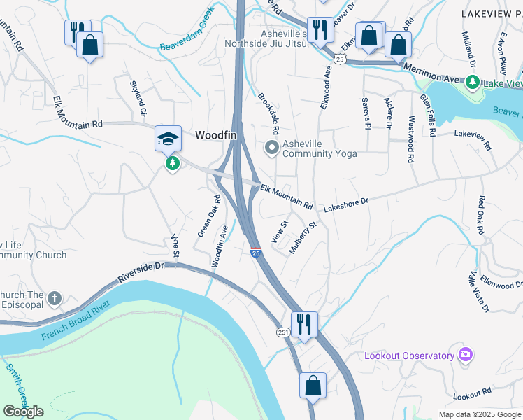 map of restaurants, bars, coffee shops, grocery stores, and more near 99999 Rosecrest Court in Asheville