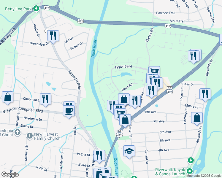map of restaurants, bars, coffee shops, grocery stores, and more near 304 River Road in Columbia