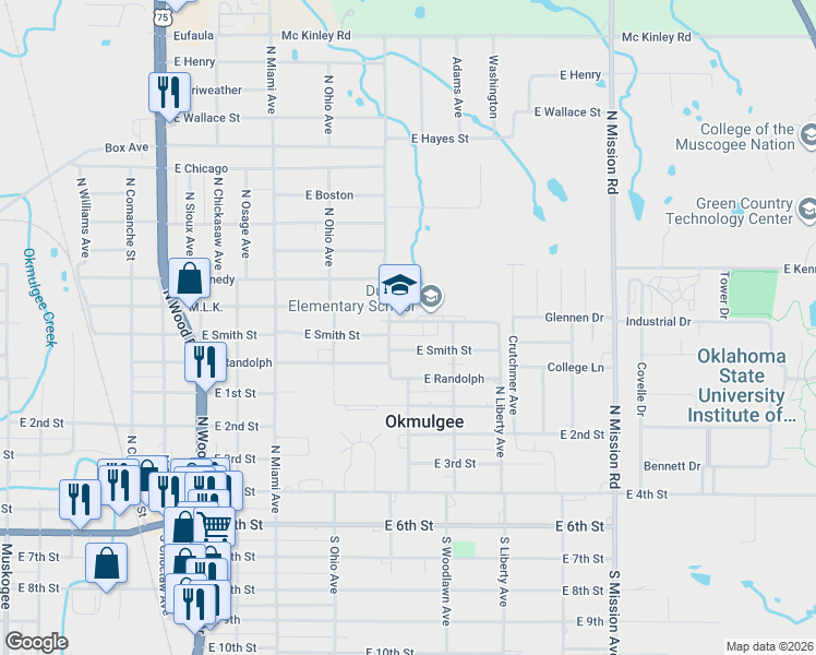 map of restaurants, bars, coffee shops, grocery stores, and more near 1412 Martin Luther King in Okmulgee