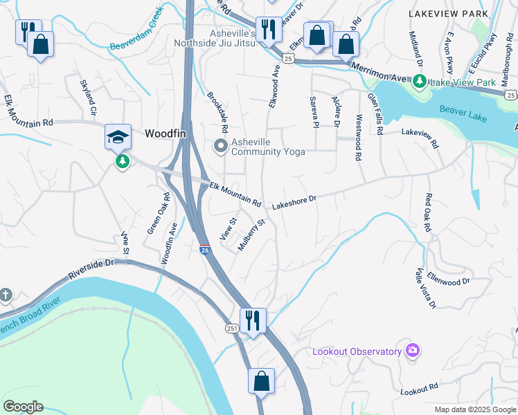 map of restaurants, bars, coffee shops, grocery stores, and more near 6 Elk Mountain Road in Woodfin