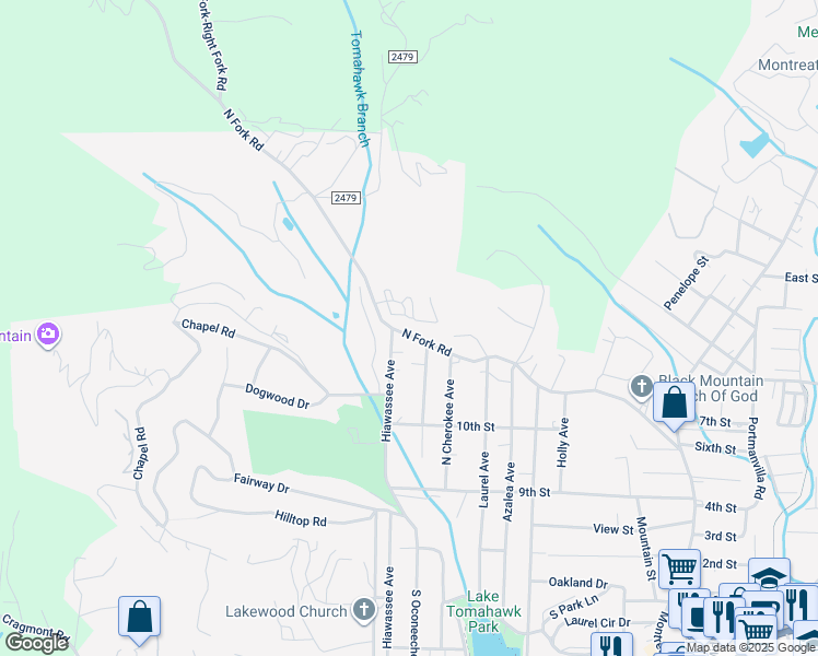 map of restaurants, bars, coffee shops, grocery stores, and more near 264 North Fork Road in Black Mountain
