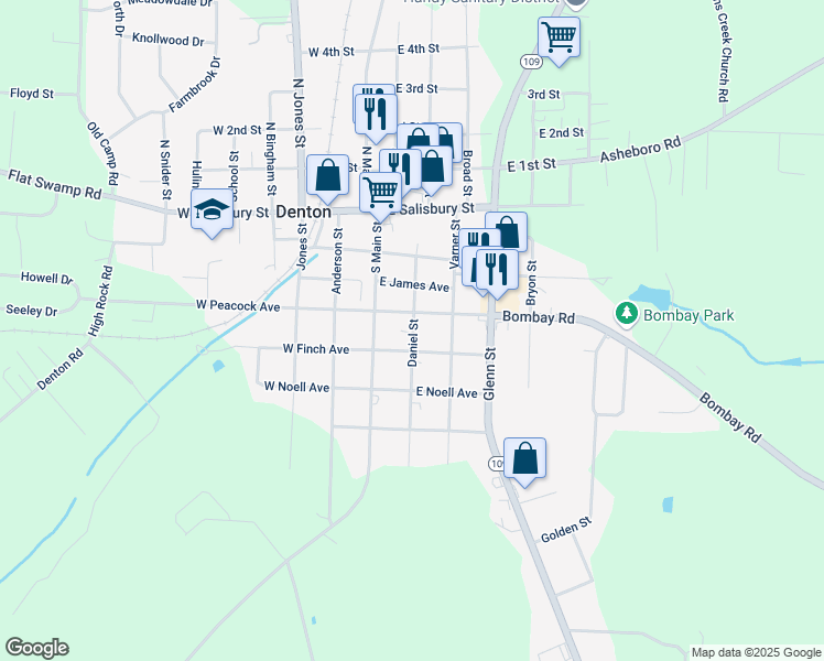 map of restaurants, bars, coffee shops, grocery stores, and more near 288 Daniel Street in Denton
