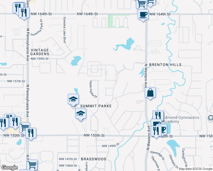 map of restaurants, bars, coffee shops, grocery stores, and more near 1317 Northwest 156th Terrace in Edmond