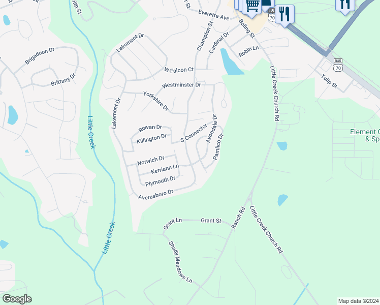 map of restaurants, bars, coffee shops, grocery stores, and more near 75 Averasboro Drive in Clayton