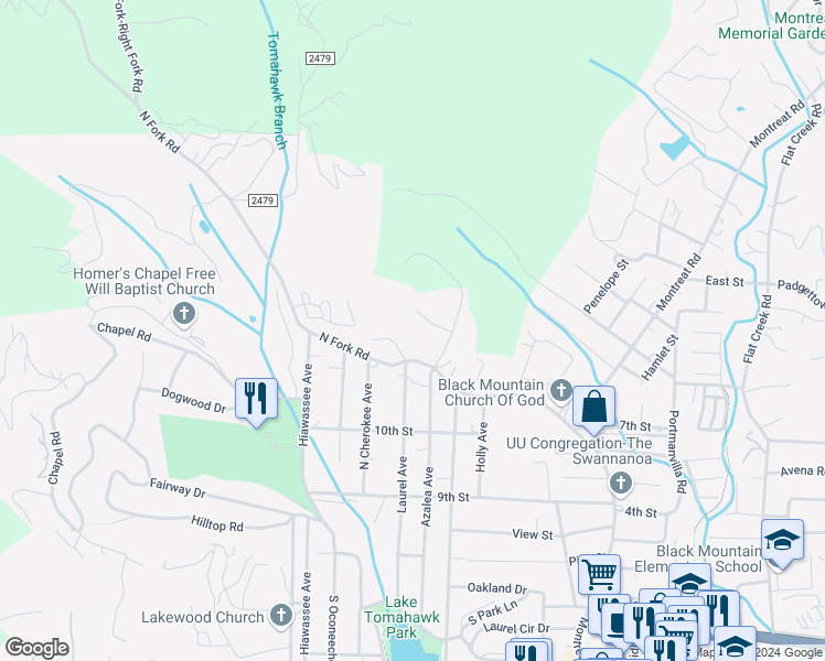 map of restaurants, bars, coffee shops, grocery stores, and more near 109B Jeanie Avenue in Black Mountain
