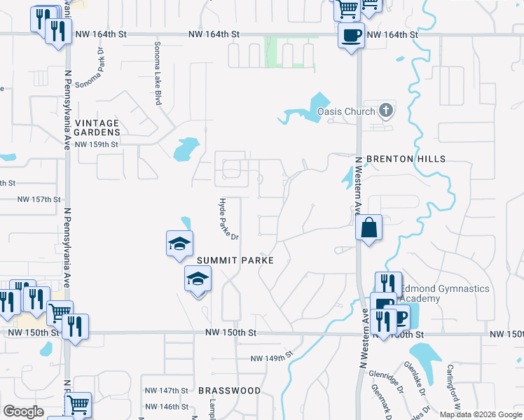 map of restaurants, bars, coffee shops, grocery stores, and more near 1317 Northwest 156th Terrace in Edmond
