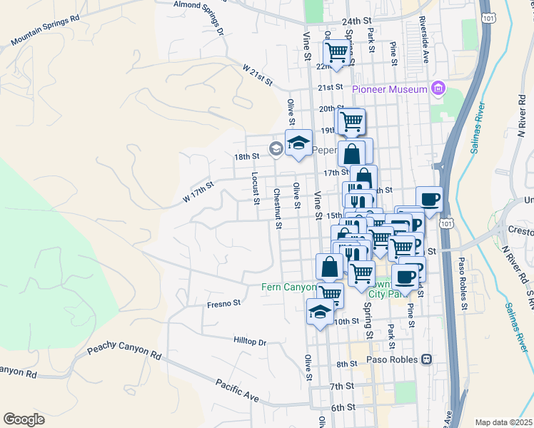 map of restaurants, bars, coffee shops, grocery stores, and more near 221 15th Street in Paso Robles