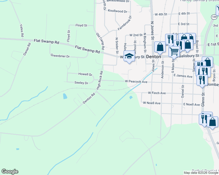 map of restaurants, bars, coffee shops, grocery stores, and more near 165 Brown Street in Denton