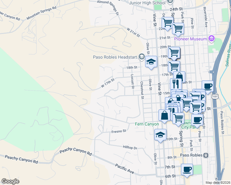 map of restaurants, bars, coffee shops, grocery stores, and more near 34 Hillcrest Dr in Paso Robles