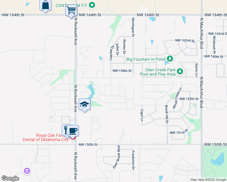 map of restaurants, bars, coffee shops, grocery stores, and more near 15705 Capulet Drive in Edmond