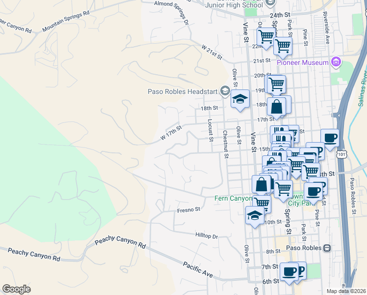 map of restaurants, bars, coffee shops, grocery stores, and more near 34 Hillcrest Drive in Paso Robles