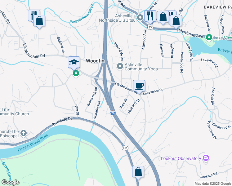 map of restaurants, bars, coffee shops, grocery stores, and more near 99999 Rosecrest Court in Asheville