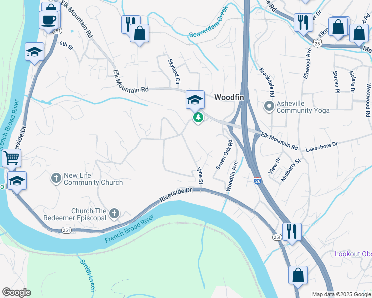 map of restaurants, bars, coffee shops, grocery stores, and more near 52 Vine Street in Woodfin