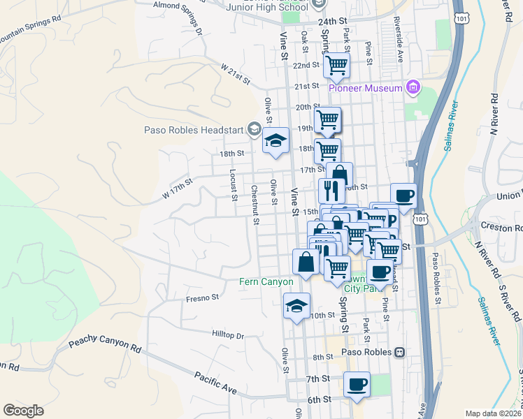 map of restaurants, bars, coffee shops, grocery stores, and more near 311 15th Street in Paso Robles