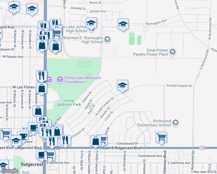 map of restaurants, bars, coffee shops, grocery stores, and more near 533 Palm Drive in Ridgecrest