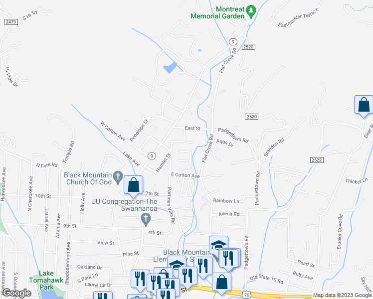 map of restaurants, bars, coffee shops, grocery stores, and more near 17 Village Parkway in Black Mountain