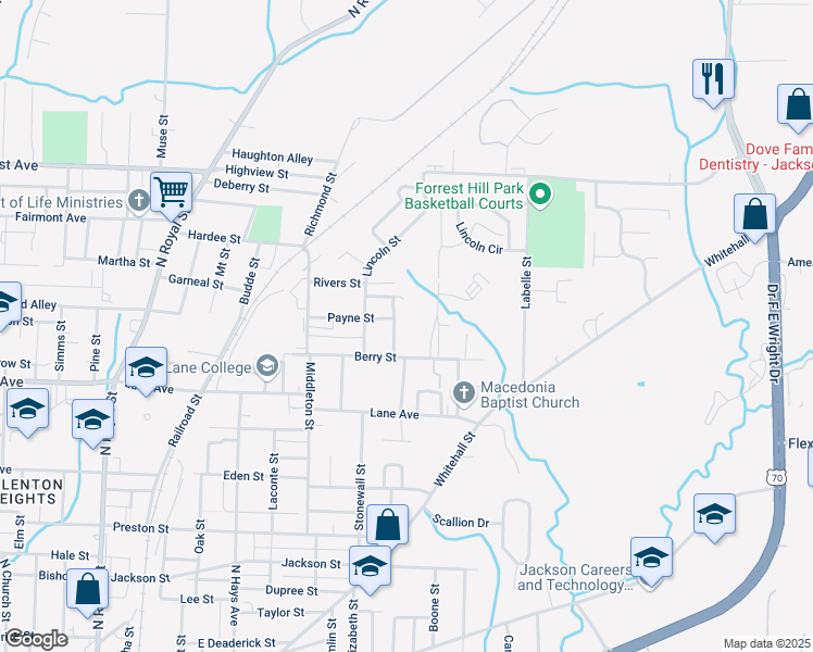 map of restaurants, bars, coffee shops, grocery stores, and more near 425 Berry Street in Jackson