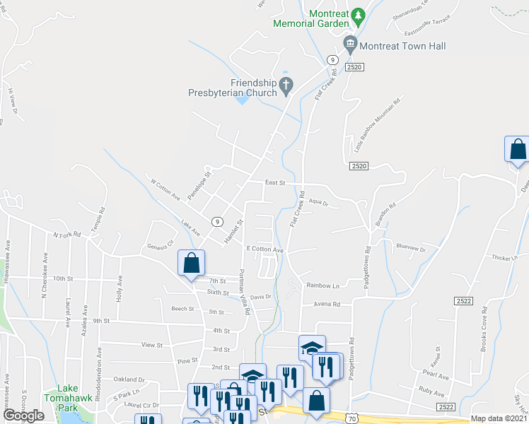 map of restaurants, bars, coffee shops, grocery stores, and more near 21 Village Parkway in Black Mountain