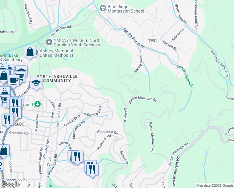 map of restaurants, bars, coffee shops, grocery stores, and more near 511 North Griffing Boulevard in Asheville