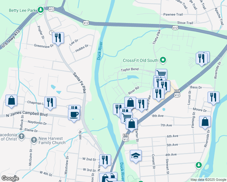 map of restaurants, bars, coffee shops, grocery stores, and more near 304 River Road in Columbia
