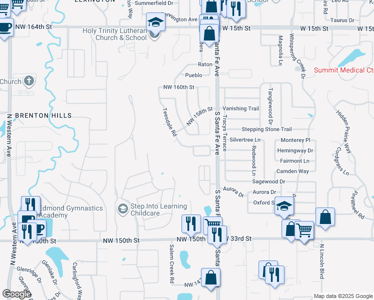 map of restaurants, bars, coffee shops, grocery stores, and more near 15705 Teesdale Road in Edmond