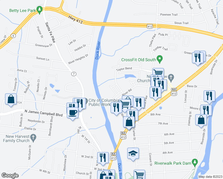 map of restaurants, bars, coffee shops, grocery stores, and more near 304 River Road in Columbia