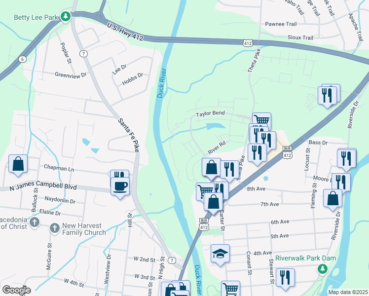 map of restaurants, bars, coffee shops, grocery stores, and more near 304 River Road in Columbia