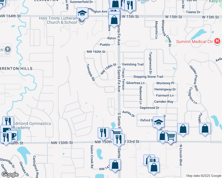 map of restaurants, bars, coffee shops, grocery stores, and more near 15 Northwest 155th Street in Edmond