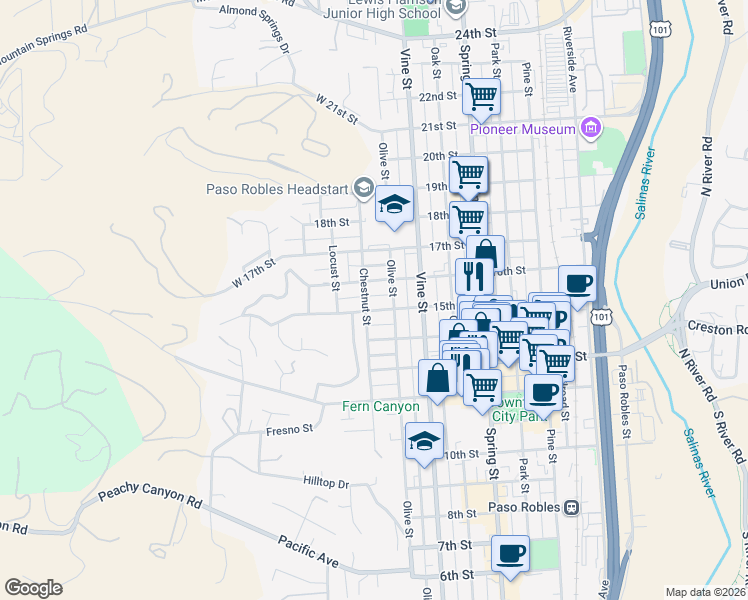 map of restaurants, bars, coffee shops, grocery stores, and more near 311 15th Street in Paso Robles