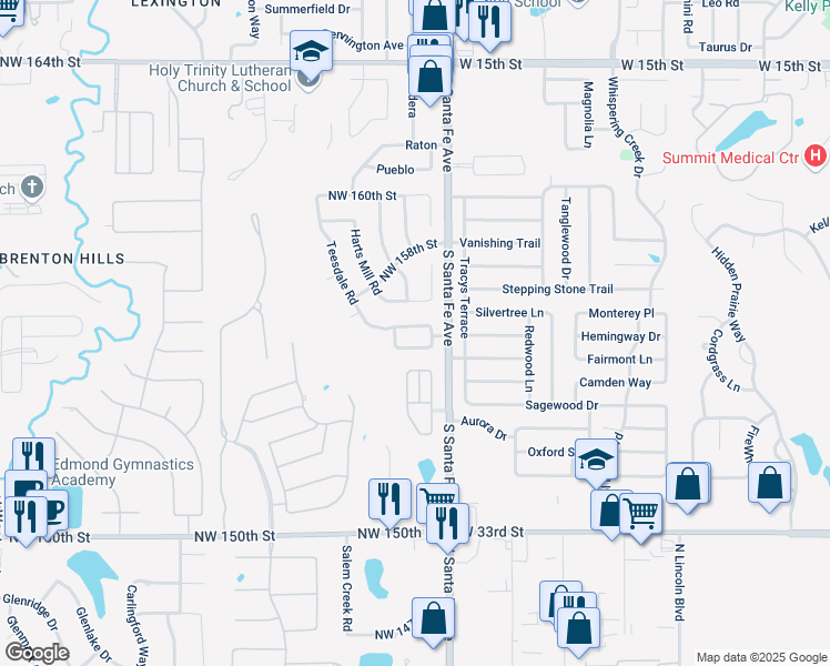 map of restaurants, bars, coffee shops, grocery stores, and more near 15 Northwest 155th Street in Edmond