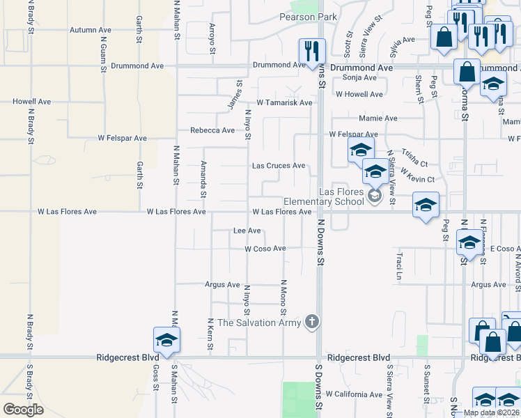 map of restaurants, bars, coffee shops, grocery stores, and more near 1024 West Las Flores Avenue in Ridgecrest