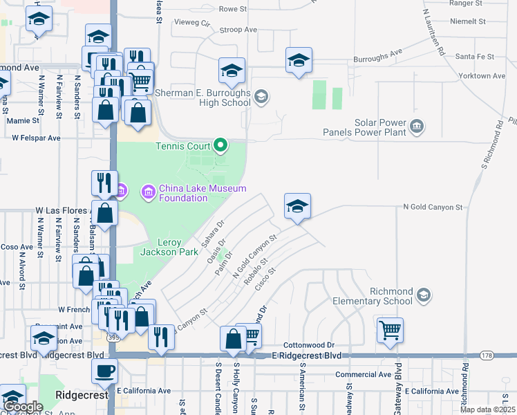 map of restaurants, bars, coffee shops, grocery stores, and more near 527 Oasis Drive in Ridgecrest