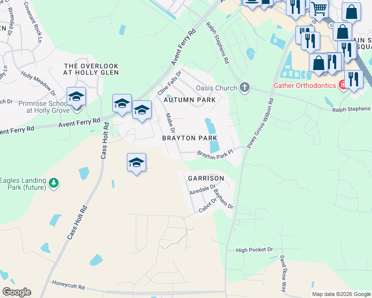 map of restaurants, bars, coffee shops, grocery stores, and more near 5820 Brayton Park Place in Holly Springs